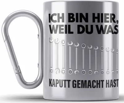 Produktbild von Trendation - Handwerker KFZ Mechaniker Geschenk Lustig Edelstahl Tasse Karabiner Automechaniker Werkstatt Edelstahl Tasse Karabiner Hausmeister (Silber)