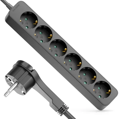 Produktbild von deleyCON 6-Fach Steckdosenleiste mit Flachstecker - 3,0m Kabel - Ideal hinter Möbel, Mehrfachsteckdose Stromkabel Verteiler Verlängerung Stromleiste 3680W 16A - Schwarz