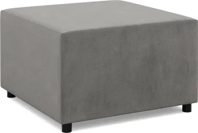 A simple studio shot of a gray ottoman.