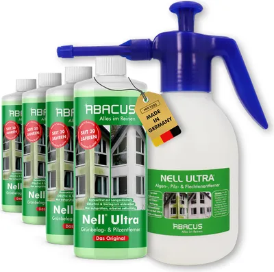 Produktbild von ABACUS® Nell Ultra Grünbelagentferner & Algenentferner Konzentrat Entfernt Grünbelag & Algen selbsttätig mit Langzeitschutz 4x 1000ml mit Sprühflasche