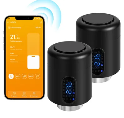Obrázek produktu pro Chytrý termostat pro radiátory Peviasot, WiFi, ovládání přes aplikaci, kompatibilní s platformami Smart Life/Tuya, 7 adaptérů pro ventily, černý, balení 2 kusů