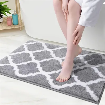 Produktbild von Badezimmerteppich, 80x50cm weiche und saugfähige Mikrofaser-Badematten,  rutschfester, zotteliger Duschteppich, Badezimmerteppich, Grau