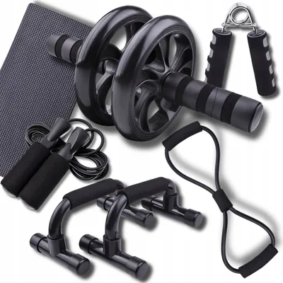 A collection of fitness equipment laid out on a white background.
