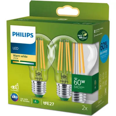 Produktbild von Philips Filament-Lampe, transparent, 60W A60 E27 x2, 4 W, 60 W, E27, 840 lm, 50000 h, Warmweiß