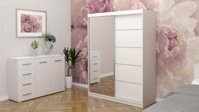 Obrázek produktu pro sada 2 skříní s posuvnými dveřmi Šatní skříň se zrcadlem bílá/bílá 150cm Vista 05 s komodou 135cm FRIDA 01