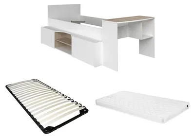 Produktbild von Etagenbett 90 x 190/200 cm mit Schreibtisch und Stauraum - Weiß und natur + Rahmen + Matratze - JOCHIANE