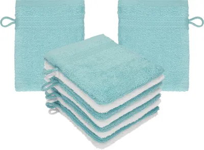 Produktbild von Betz 10 Stück Waschhandschuhe 16x21 cm PREMIUM 100% Baumwolle  Farbe: ocean - weiß