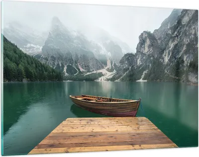 Produktbild von Bilder auf glas - Berge See Boot - 120x80cm - Glasbilder - Wandbilder - Kunstdruck - zum Aufhängen bereit - Wanddekoration aus Glas - Glas Bilder - Wandbild auf Glas - Einteilig - GAA120x80-3978