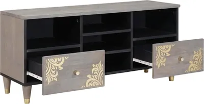 Image de Meuble TV avec étagère vidaXL, gris, 100 x 33 x 46 cm, bois massif de manguier