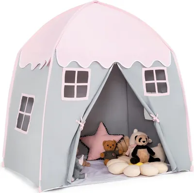 Produktbild von GOPLUS Kinderzelt, großes Spielzelt 143x100x155cm, mit Tragetasche, Anti-Rutsch-Matte, Reißverschlusstür, atmungsaktive Fenster, Spielhaus für 2-3 Kinder (Rosa)