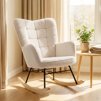 Zdjęcie produktu dla Krzesło bujane Sweiko w stylu retro, wykonane z litego drewna, fotele, fotel relaksacyjny, wymiary: 98 cm x 71 cm x 101 cm, kolor beżowy