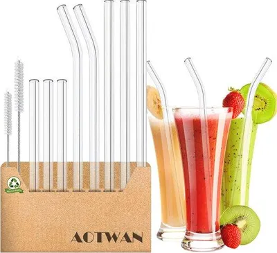 Produktbild von Famanu Gläserne Trinkhalme Set - Wiederverwendbar, Mit Reinigungsbürsten - Ideal Für Cocktails, Smoothies Und Säfte