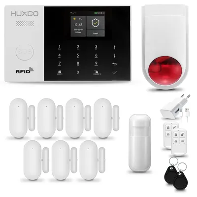 Produktbild von HUXGO HXA005 Kabellose Alarmsystem WiFi + GSM 4G mit Funk Sirene, Alarmanlage Haus mit 1x PIR-Bewegungsmelder, 7x Tür- Fenstersensoren, Tuya App