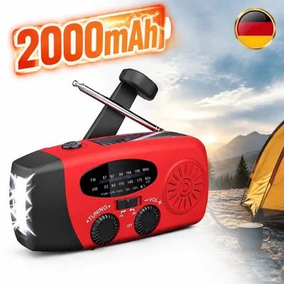 Image de Radio solaire multifonction avec manivelle, lampe de poche LED AM/FM, batterie 2000mAh, USB, neuf