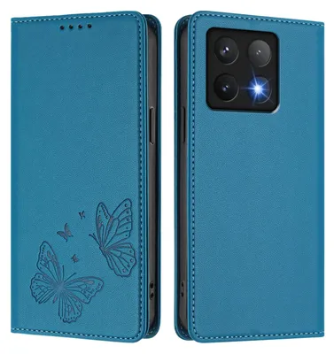 Produktbild von Lederhülle für Xiaomi 14T Pro, Schmetterling Prägung Leder Brieftasche Schutzhülle mit Ständer Blau