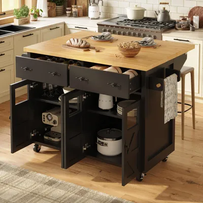 Image de MODFU Meuble de Cuisine Multifonction - Îlot sur Roulettes avec Tiroirs et Étagères Ouvertes - Design en Bois et Métal - Noir