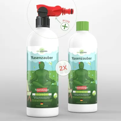 Produktbild von OraGarden Rasenzauber – Flüssiger Rasendünger im Sommerpack 500 ml mit 2 Flaschen mit Düngerspritze