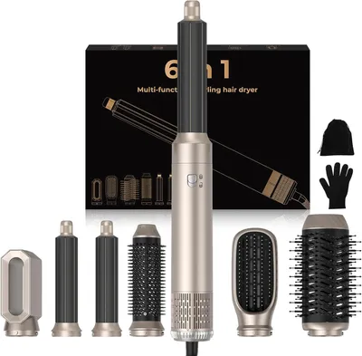 Produktbild von 6 in 1 Hairstyler 1000W Rundbürstenföhn Haartrockner, Airstyler Lockenstab mit Luft, Föhnbürste, 3 Temperaturstufen, Volumen, Glätten, Locken