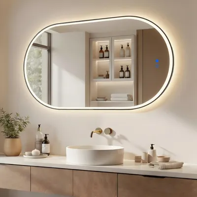 Obrázok produktu pre ARTFORMA LED kúpeľňové zrkadlo, oválne, 50 x 100 cm, čierne matné, s dotykovým ovládaním a ochranou proti zahmlievaniu