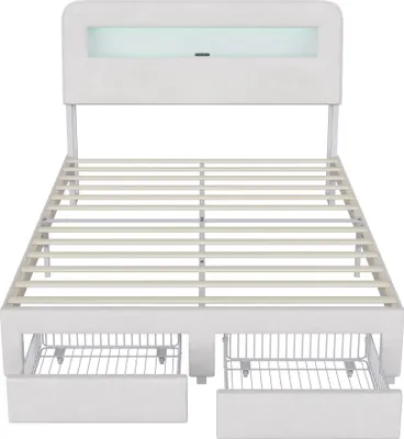 Immagine prodotto di Letto imbottito UnboxG 140×200 cm in beige, velluto - letto contenitore con illuminazione a LED, connessione USB e cassetti