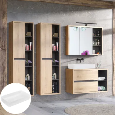 Produktbild von Badmöbel Komplett Set DANZIG-56 in Shetland Eiche Nb. mit anthrazit inkl. Keramik Aufsatzbecken weiß, LED Beleuchtung, B/H/T: ca. 230/200/46 cm