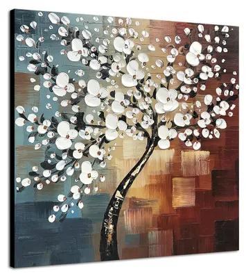 Ölgemälde, abstrakte weiße Blumen, 60x60 cm, handgemalt, Leinwand