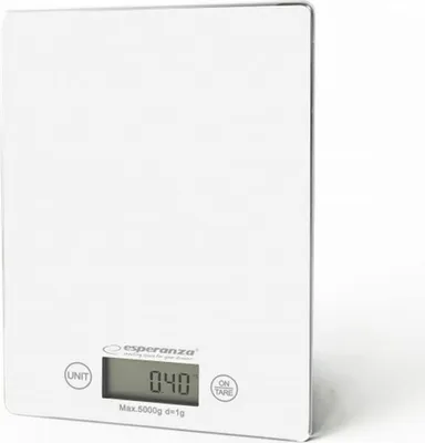 A white digital kitchen scale is shown against a white background.