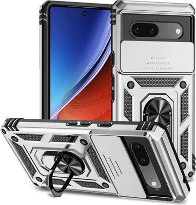 Image de Étui pour Google Pixel 7A étui double couche avec couvercle coulissant pour l'appareil photo et support annulaire Argent