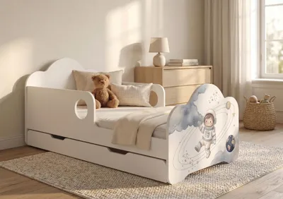 Produktbild von Kinderbett 140x70 cm mit Schublade Matratze Bettkasten Kinderbett Weiß Rausfallschutz Komplettset, Platz, Aufkleber