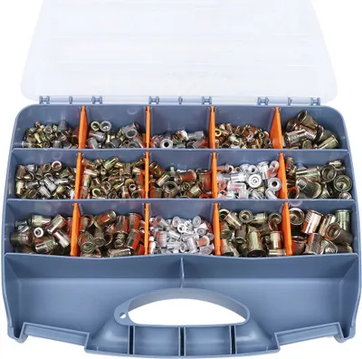 A plastic organizer box filled with various sizes of metal nuts and bolts.