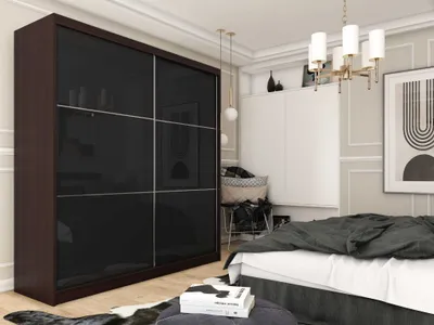 Produktbild von Schwebetürenschrank Viva, Kleiderschrank mit 2 Türen, Moderne Garderobe in Farbe: Wenge / Schwarz, Schrank in Größe: 200 x 216 x 61 cm
