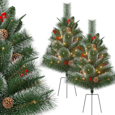 Productafbeelding van TRMLBE Kerstboom, klein met verlichting, 76 cm. Mini kunstboom met dennenappels, 2 stuks. Kerstboom voor binnen- en buitendecoratie (4 dennenappels + 4 bessen + sneeuw)