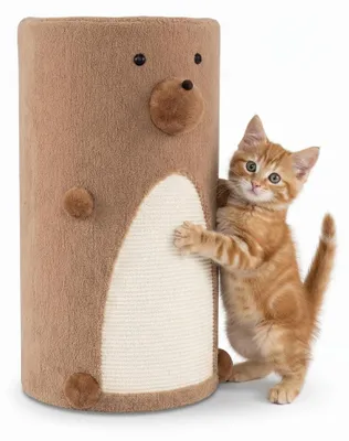 Produktbild von KOMFOTTEU Kratztonne für Katzen 66 cm Hoch Ø 16,5 cm, 2-stöckige Katzentonne mit Sisal-Kratzmatte,Plüsch Katzenhöhle & Versteckte Höhle, Fassförmiges Katzenmöbel mit Bärenakzenten für Welpen, Kaninchen und Katzen