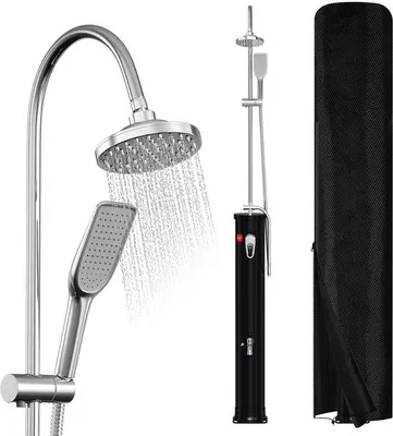 Obrázek produktu pro Venkovní sprcha s kohoutkem - objem 20 litrů - výška 214 cm - černá barva - ohřev bez použití elektřiny - určená pro venkovní použití