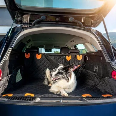 Produktbild von Autoschondecke für Hunde - Wasserdicht, mit Sicherheitsgurt und Sichtfenster - schwarz-orange