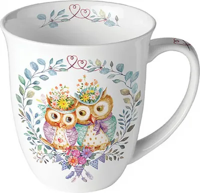 Produktbild von Tasse 10cm Porzellan mit Eulen & Blätterkranz Motiv Weiß / Bunt