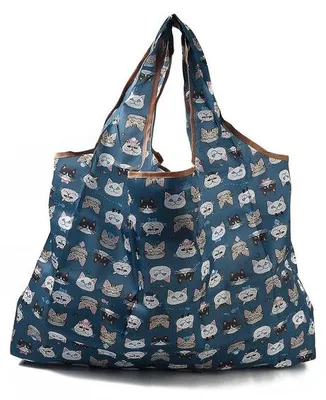 Image de Ibenzoa® : Lot de 3 sacs de courses réutilisables, imperméables, en nylon, de dimensions 52,5 x 60 x 0,15 cm, bleu foncé avec motif chat – 2 sacs de transport + 1 sac de rangement