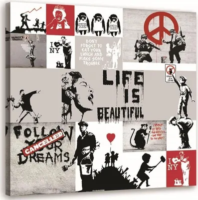 Produktbild von Leinwandbild banksy-wandbild - collage von werken des street-art-künstlers 50x50 cm Feeby grau wandbild bereit zum aufhängen