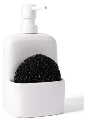 Immagine prodotto di Distributore di sapone in Vetroceramica bianca, capacità 600 ml, con portaspugna, ideale per cucina e bagno