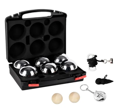 Produktbild von Boule Set, 6 Boccia Kugeln mit 2 Zielholzkugeln, 2 Messwerkzeuge, 1 Boule-Kugelmagnet und Tragetasche, 2 Oberflächenstrukturen, Outdoor Boccia Spiel