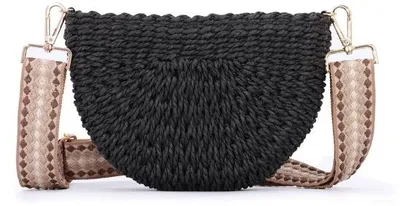 Produktbild von Unyqoos® Halbmond‑Rattan‑Crossbody für Damen, handgefertigt, 24×5×16 cm, natürliche Flechtung, 2 abnehmbare Träger (Canvas 110 cm, Kette 60 cm)