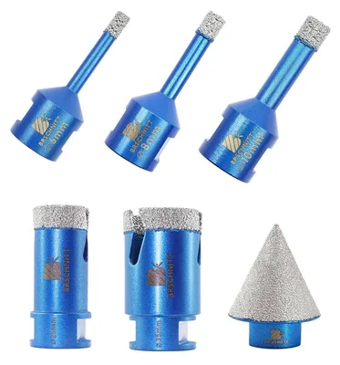 Immagine prodotto di Set di punte diamantate per tagli a sega su piastrelle, con diametri 6/8/10/25/35 mm. Include punte per foratura a secco e una punta da 35 mm con attacco M14. Confezione da 6 pezzi.