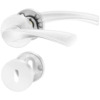 A set of door handles and a keyhole escutcheon plate, presented on a white background.