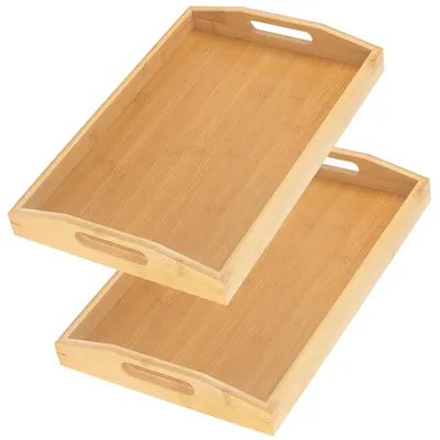 Produktbild von Serviertablett aus Bambus - 2 Stück - Rechteckig, 41x29x5 cm - Holztablett - Serviertablett für die Küche - Nachhaltiges Bambusmaterial - Servierplatte