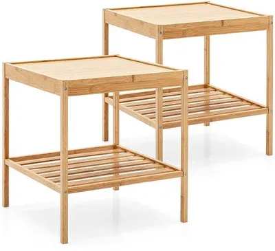 Obrázek produktu pro Noční stolek - bambusový - design se dvěma zásuvkami - 40x40x45 cm - vhodný do ložnice i obývacího pokoje