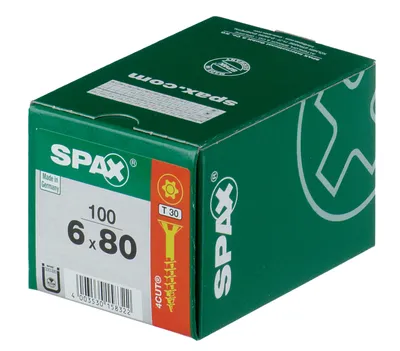Produktbild von Packung mit 100 SPAX Senkkopf-Torxschrauben aus Stahl, 6 mm Durchmesser x 80 mm Länge