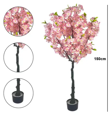 Produktbild von Künstlicher Kirschblütenbaum - Dekorationspflanze - 150 cm - Rosa Seidenblüten - Verstellbare Zweige - Kunststofftopf - Für Innenräume