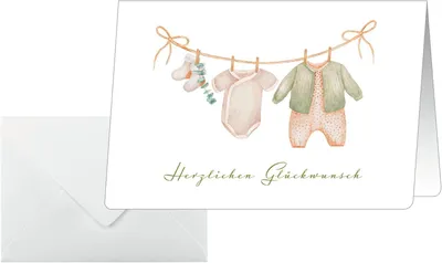 Produktbild von SIGEL DS622 Glückwunsch-Karten zur Geburt "Baby Clothes", C6, 10 Stück mit Umschlägen, Leinenstruktur mit abgerundeten Ecken, ideal zum Bedrucken, grün