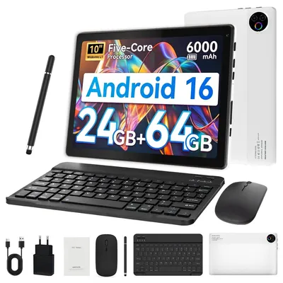 Image de Tablette JENBIZZ, écran 10 pouces, Android 16, avec clavier/souris/stylet, 24 Go de RAM (3 Go + 21 Go), 64 Go de stockage interne, résolution HD 1280x800, double caméra, compatibilité Widevine L1, batterie 6000 mAh, WiFi 6