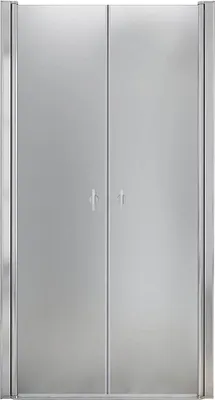 A closed shower door with two panels.